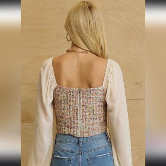 GiGio Tweed Bodice Chiffon Sleeve Crop Top Back Zipper Large - Picture 2 of 8